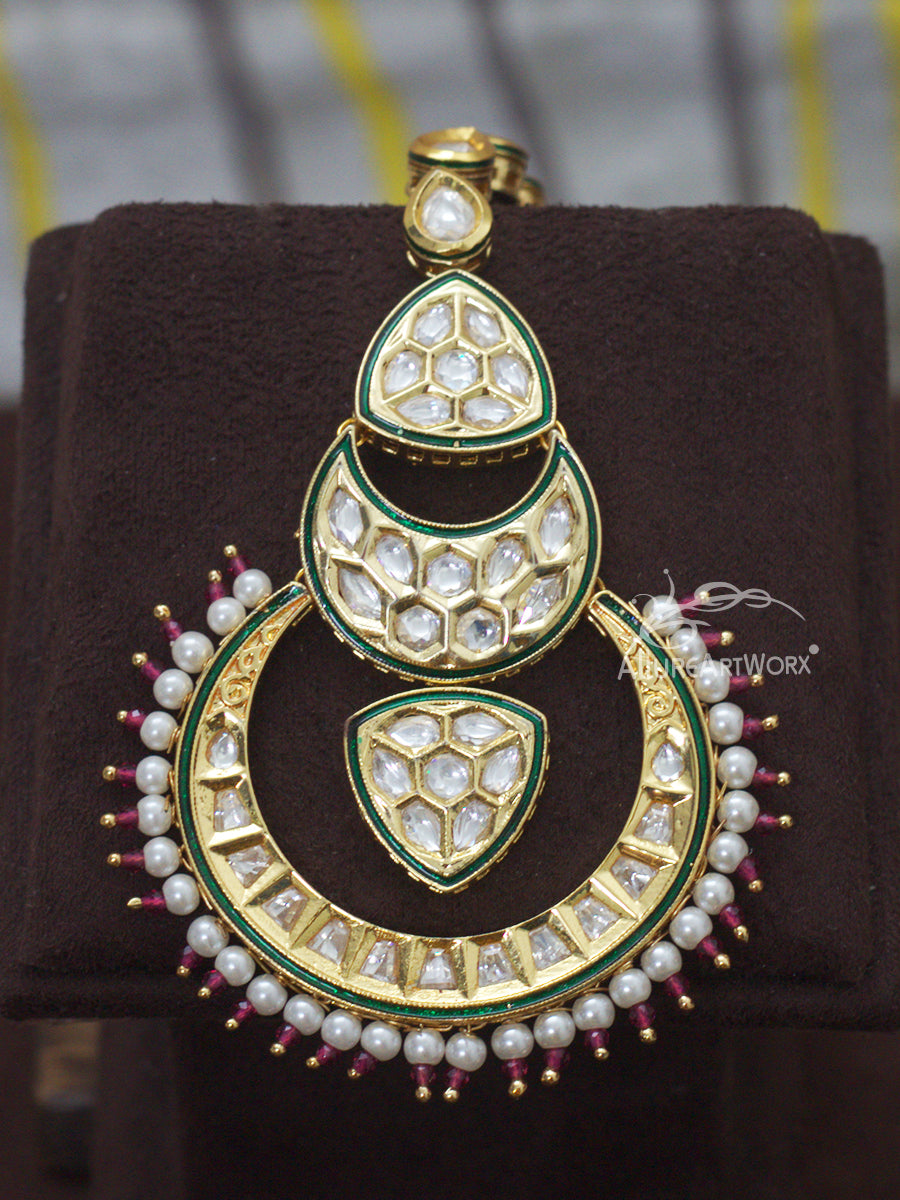 Kundan Maangtika(pink-green)